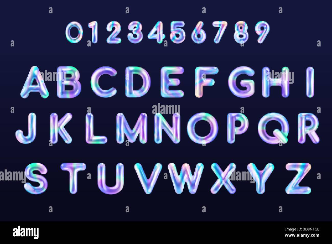 Holographisches Ballon-Alphabet. Irisierende Buchstaben Hologramm Alphabet, 3D aufgeblähter Text realistische Metall Flüssigkeit Blasen Zahl y2k Design Typografie isolierte exakte Vektorillustration Original-Kunstwerk Stock Vektor