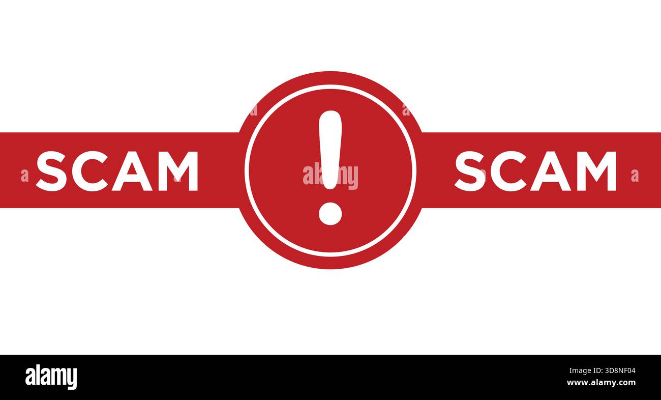 Banner für Betrugswarnung. Rote Warnaufschrift über Betrug auf weißem Hintergrund Stock Vektor