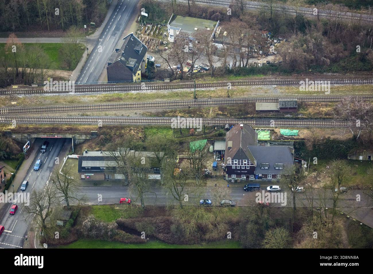 Alter Bahnhof Walsum Roemerstrasse, Duisburg, Ruhrgebiet, Nordrhein-Westfalen, Deutschland, Europa, Luftaufnahme, Vogelperspektive, Luftaufnahme, Stockfoto