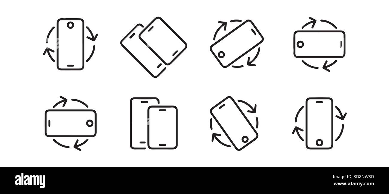 Symbole für die Drehung des Telefons, die Änderungen der Bildschirmausrichtung und die Anpassungsfähigkeit des Geräts anzeigen Stock Vektor