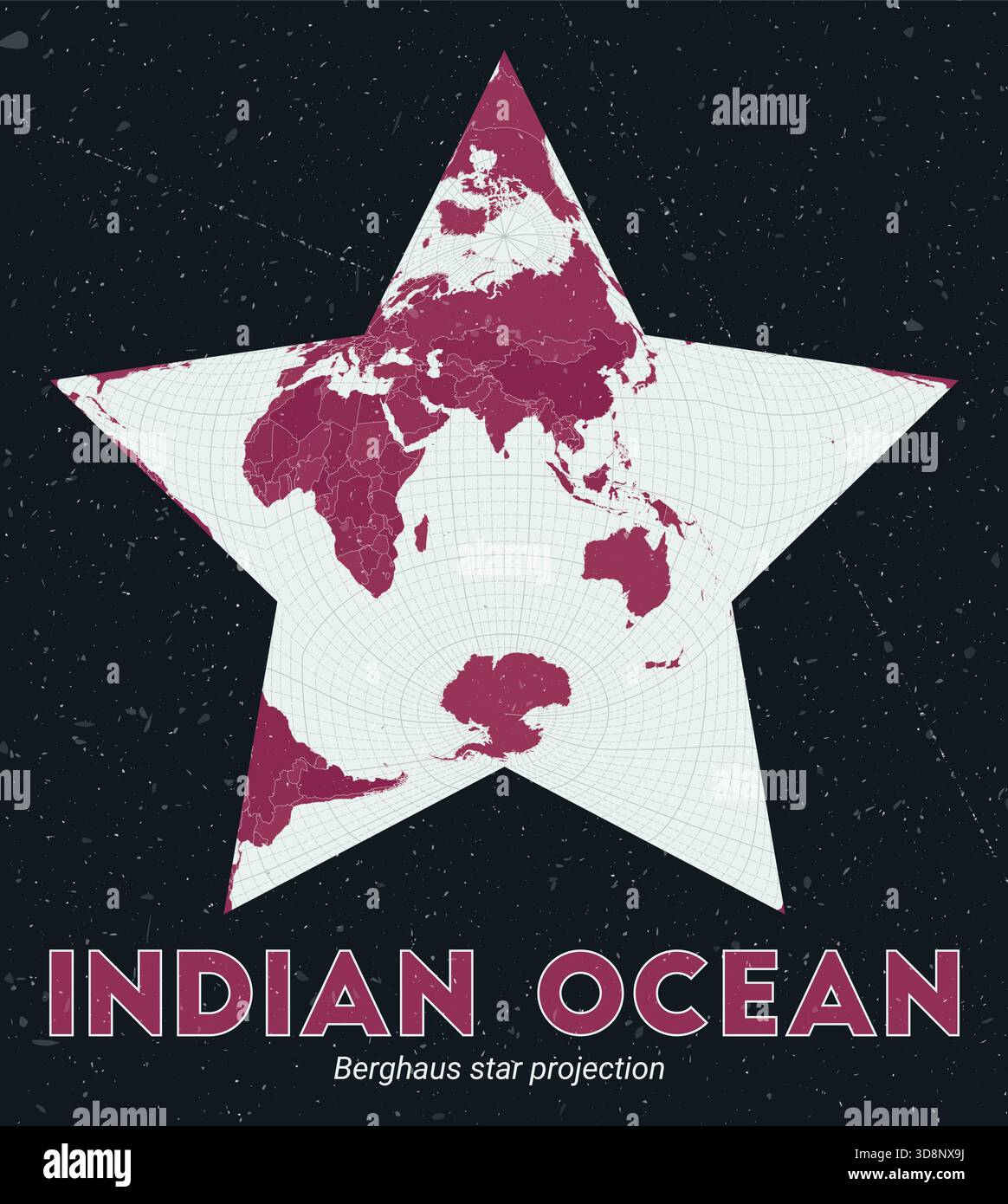 Indischer Ozean. Weltkarte. Berghaus Sternprojektion im Indischen Ozean. Helle mintfarbene und dunkelrosa Farbpalette. Vintage-Textur. Stock Vektor
