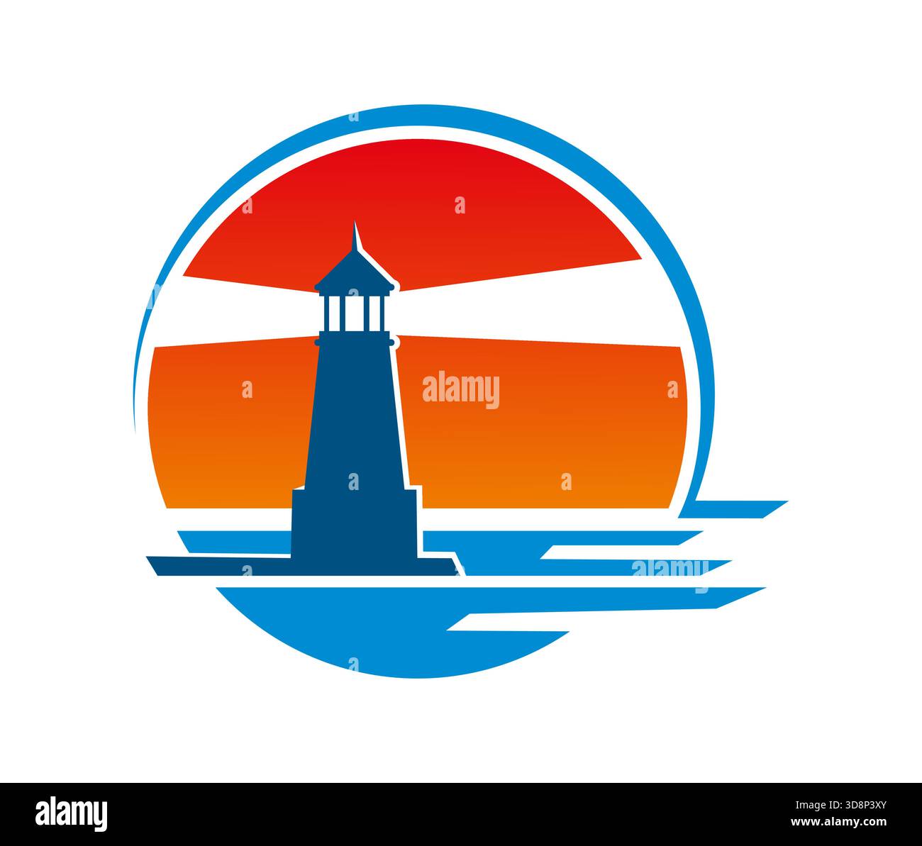 Leuchtturm und Leuchtfeuer für die Schifffahrt. Segel-Vektor-Symbol, Yachting Club Beacon Tower Symbol. Seefahrtslaterne Emblem oder Schild mit Leuchtturmlicht, Sonnenuntergang farbigem Himmel und Wasser Stock Vektor