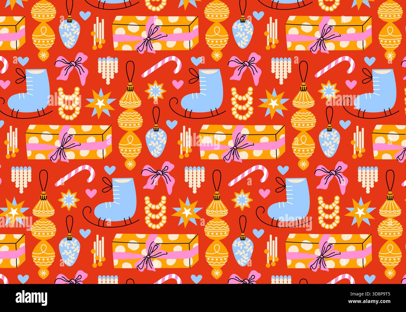 Nahtloses Muster für Weihnachten und Neujahr. Saisonales Textil. Bedruckbares Geschenkpapier. Weihnachtsdekorationen, Bögen, Geschenke, Winter, Sterne, Schlittschuhlaufen Stockfoto