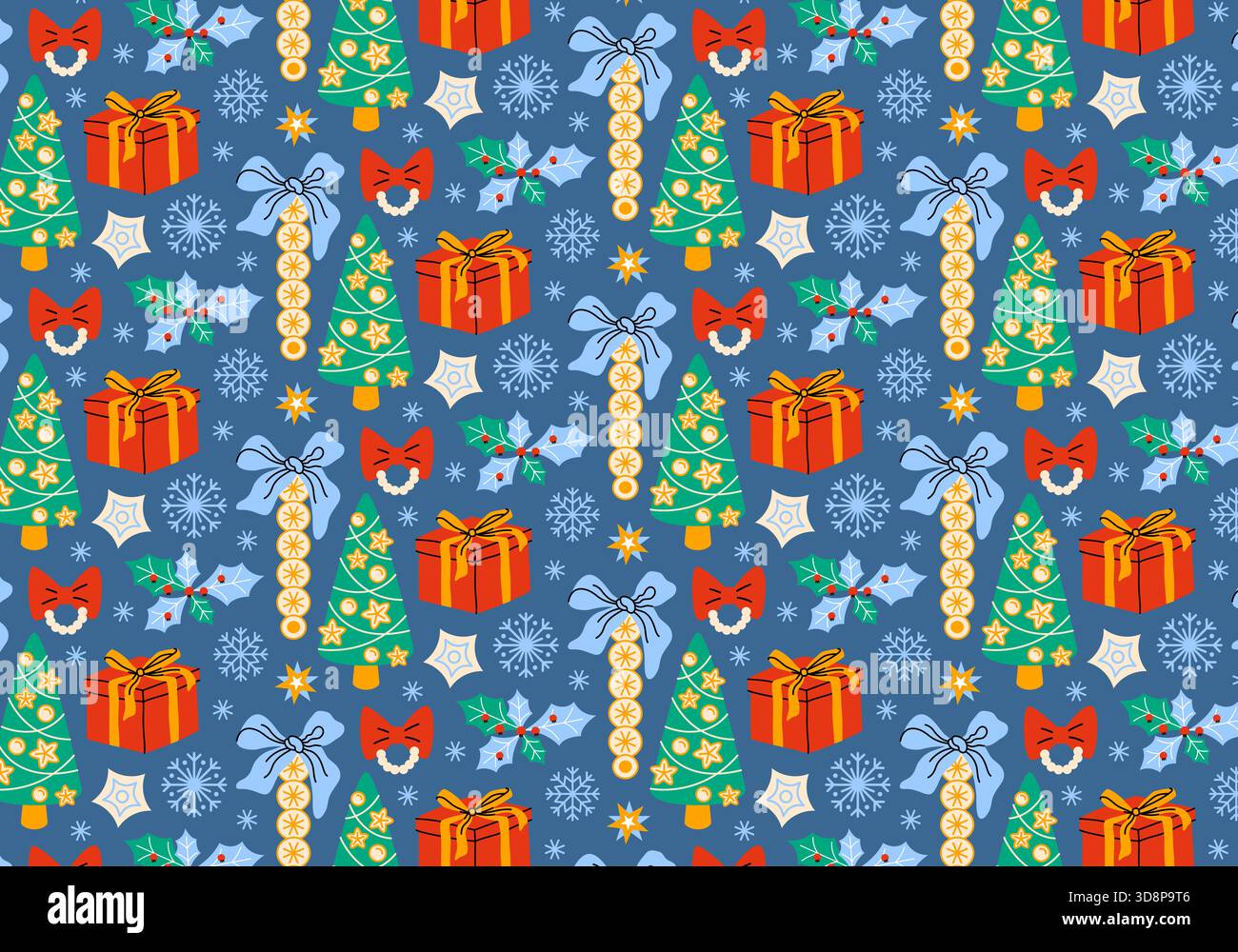 Nahtloses Muster für Weihnachten und Neujahr. Saisonales Textil. Bedruckbares Geschenkpapier. Weihnachtsdekorationen, Bögen, Geschenke, Winter, Schneeflocken, Stern Stockfoto