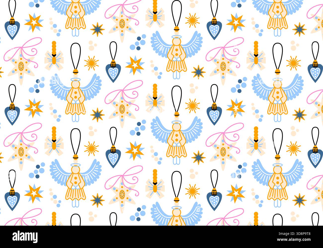 Nahtloses Muster für Weihnachten und Neujahr. Saisonales Textil. Bedruckbares Geschenkpapier. Festliche Weihnachtsdekoration, Bogen, Winter, Schneeflocken, Stern Stockfoto