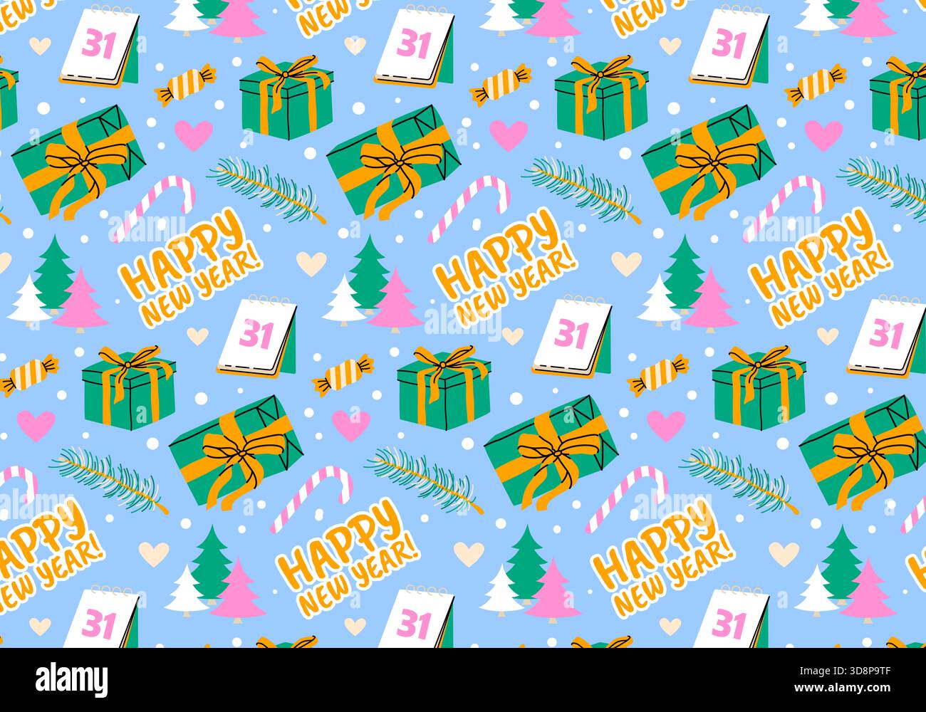 Nahtloses Muster für Weihnachten und Neujahr. Saisonales Textil. Bedruckbares Geschenkpapier. Festliche Weihnachtsdekoration, Bogen, Winter, Schneeflocken, Stern Stockfoto