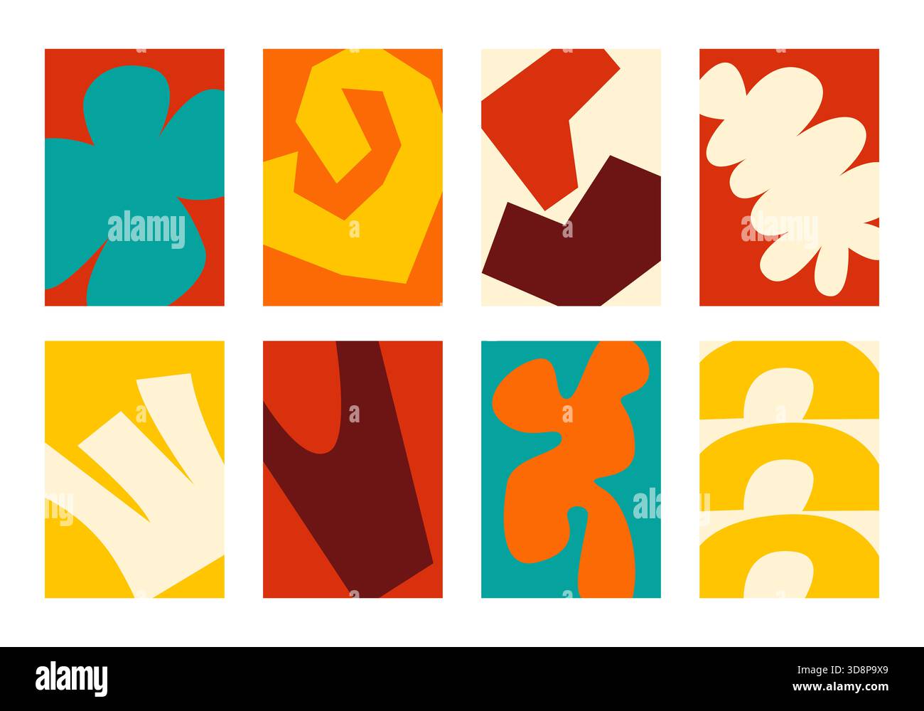 Sammlung von Abstracts, Designs, Rahmen und Hintergründen für Poster, Postkarten und Flyer. Set aus Vorlagen und einfachen Dekoren für Innenräume. Stockfoto