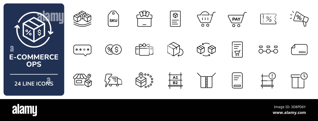 E-Commerce Operations and Logistics Line Symbolgruppe mit bearbeitbarem Hub. Abholung von umfasst Bestand, SKU, Lager, Packzettel, RMA, Bestellung Stock Vektor