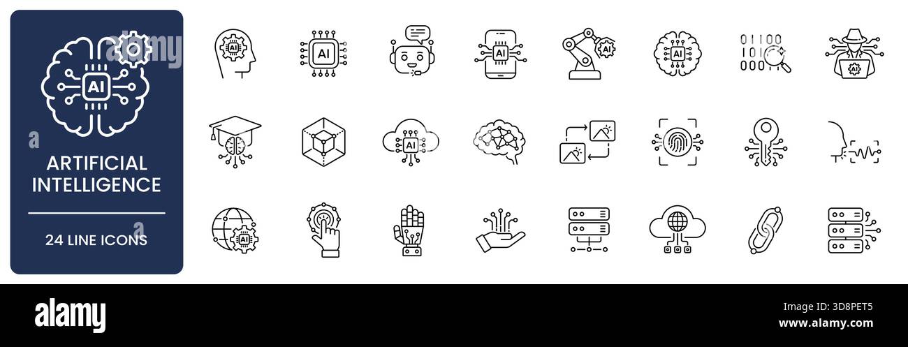 Symbolsatz für künstliche Intelligenz und maschinelles Lernen mit bearbeitbarer Kontur. Umfasst Chatbot, neuronales Netzwerk, Deep Learning, Algorithmus, Biometrie Stock Vektor