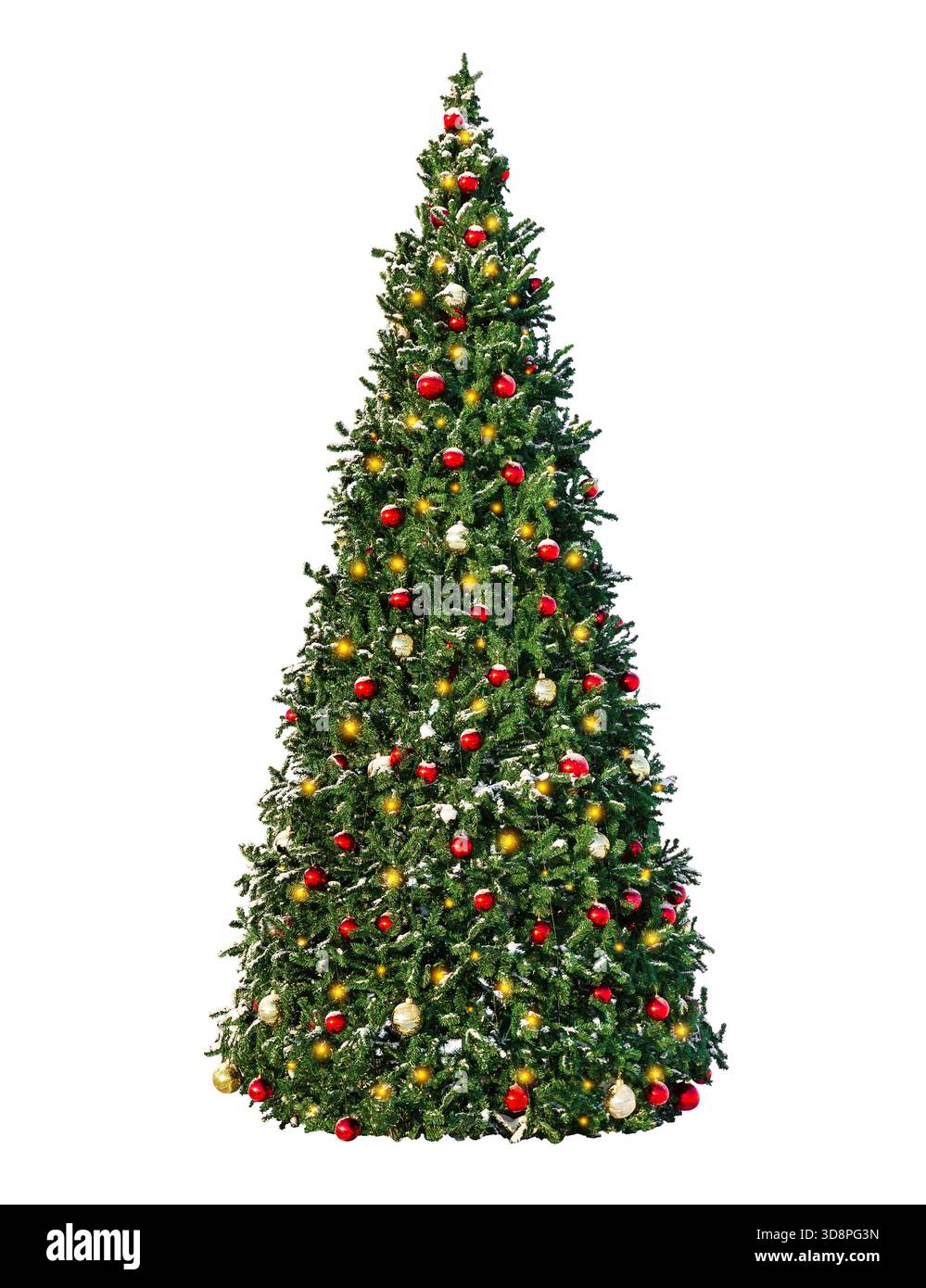 Dekorierter Weihnachtsbaum mit roten und goldenen Kugeln und Girlanden Licht auf weißem Hintergrund Stockfoto