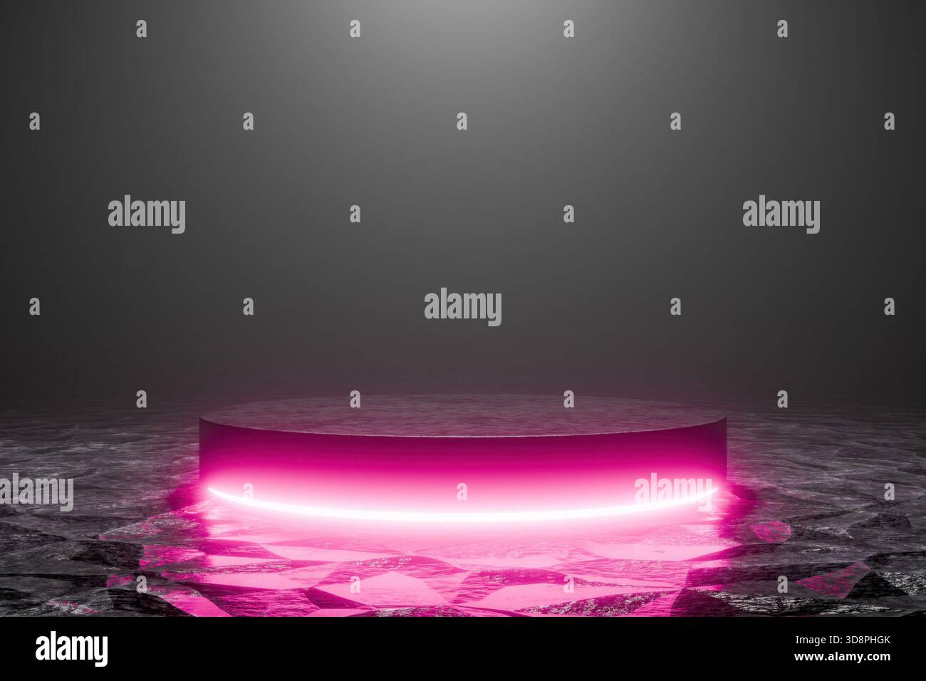 Produktpodium mit leuchtendem rosafarbenem Neonlicht auf dunklem Hintergrund Stockfoto