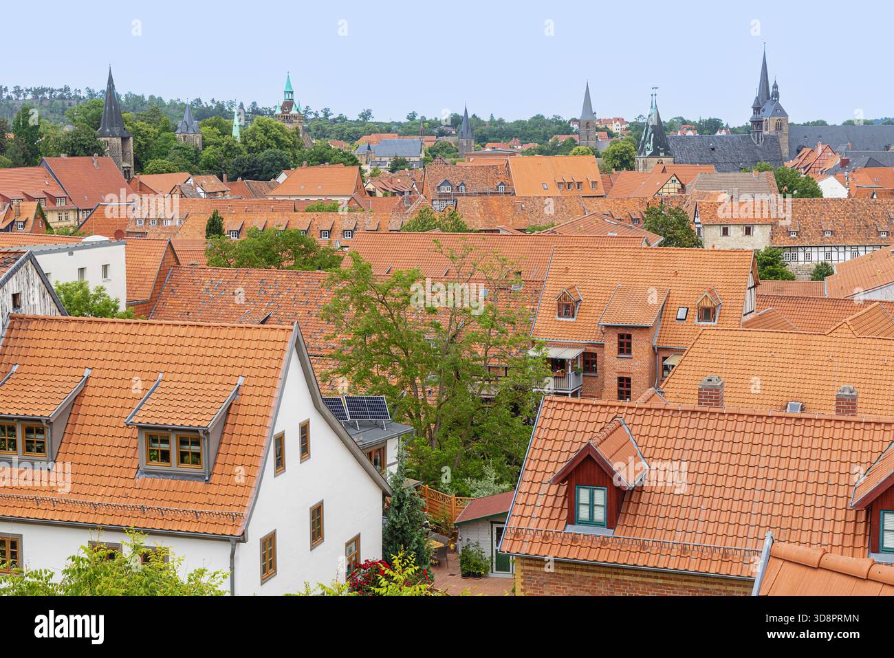 Die Dächer und Kirchen von Quedlinburg, vom Burgberg aus gesehen Stockfoto