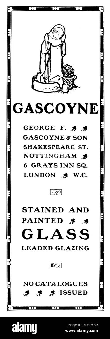 1910, George F Gascoyne, Gascoynes, Nottingham, Werbespot aus Buntglas und bemalten Glas des Studio Magazins Stockfoto