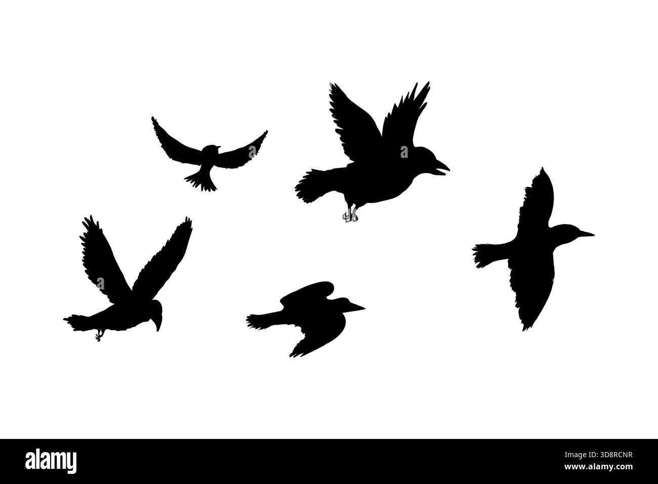 Fliegende Vogelschwärme Silhouette, einfache Schwalben im Flug, Krähen am Himmel. Gruppe von Vögeln Grenze. Vektorabbildung Stock Vektor