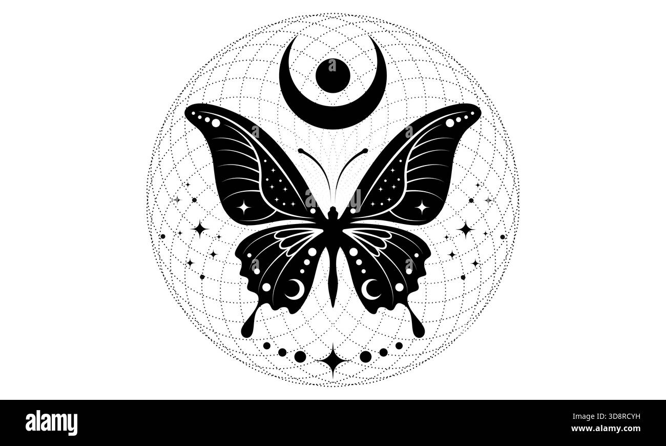 Mystischer Schmetterling und himmlisches Mondsichel-Symbol, Heiliger Torus, heidnisches wiccan-Design. Esoterische Boho-Motten-Logo für spirituelle Praktiken ethnischer Herkunft Stock Vektor