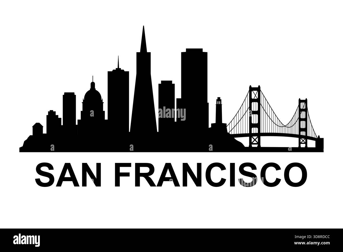 Schwarze Silhouette von San Francisco mit ikonischer Brücke und hohen Gebäuden Stock Vektor