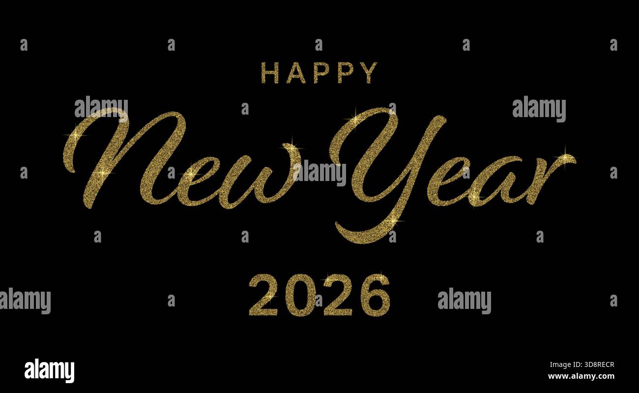 Elegante Begrüßung „Happy New Year 2026“ mit glitzerndem goldenen Glitzertext auf schwarzem Hintergrund. Stock Vektor
