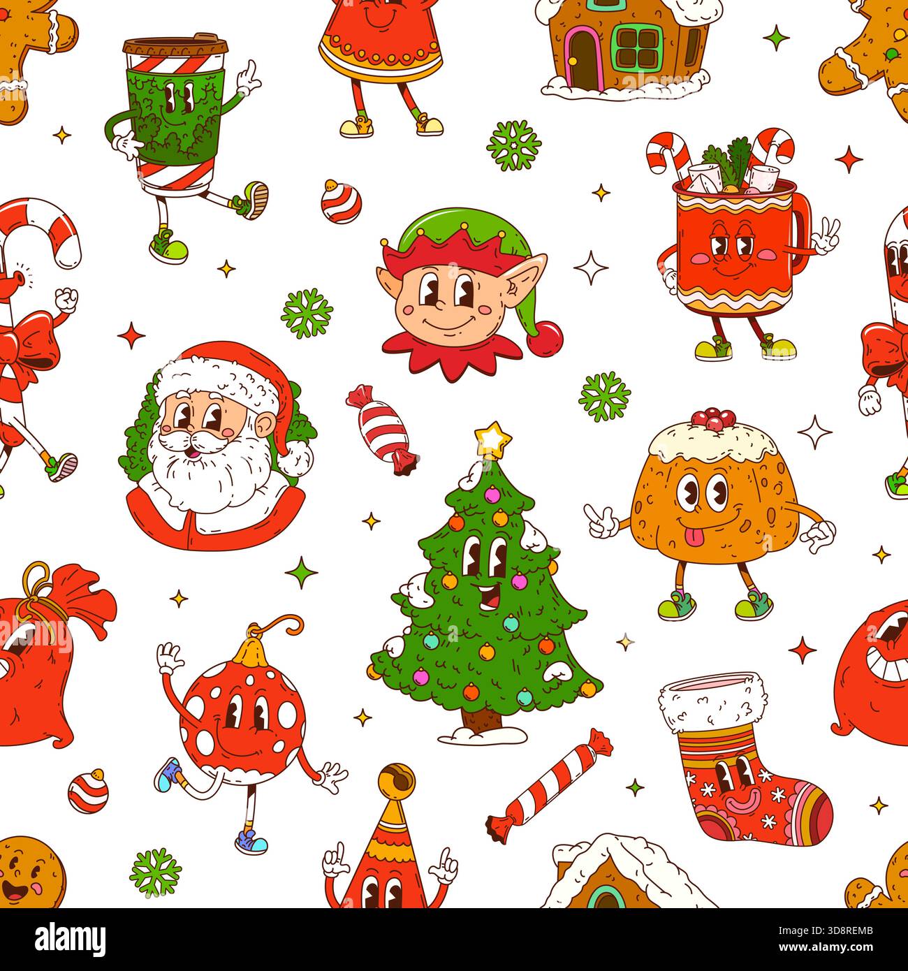 Nahtloses Muster mit groovigen Weihnachtsfiguren Stock Vektor