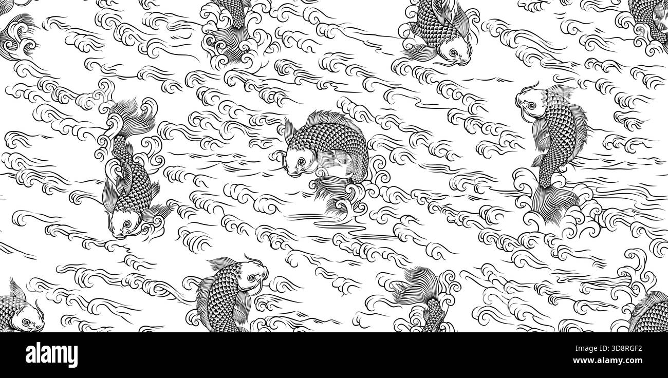 Koi Karpfenfisch Vintage Japanischer Holzschnitt Hintergrund Stock Vektor