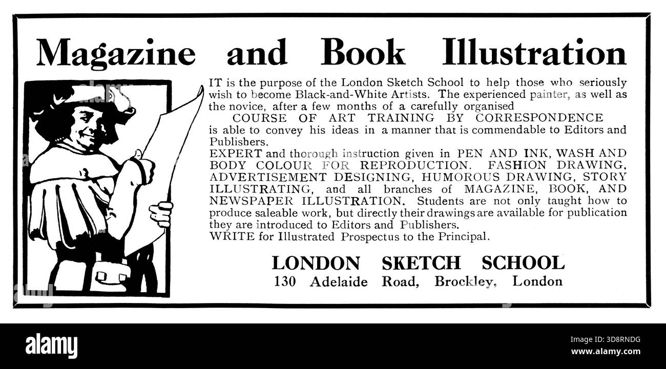 1910 Magazine and Book Illustration, London Sketch School Art Korrespondenzkurs Werbung des Studio Magazins Stockfoto