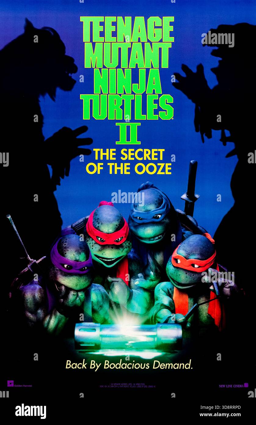 Teenage Mutant Ninja Turtles II: The Secret of the ooze (1991) von Michael Pressman mit Paige Turco, David Warner und Michelan Sisti. Die Schildkröten entdecken den geheimen Ursprung des Flusses, der sie mutierte, und bekämpfen Shredders neue Mutanten, um die Stadt zu retten. Foto eines Original-Posters aus dem Jahr 1991 (US Advance Poster), das NUR ZUR REDAKTIONELLEN VERWENDUNG VERWENDET WIRD. Beschreibung: BFA / New Line Cinema Stockfoto