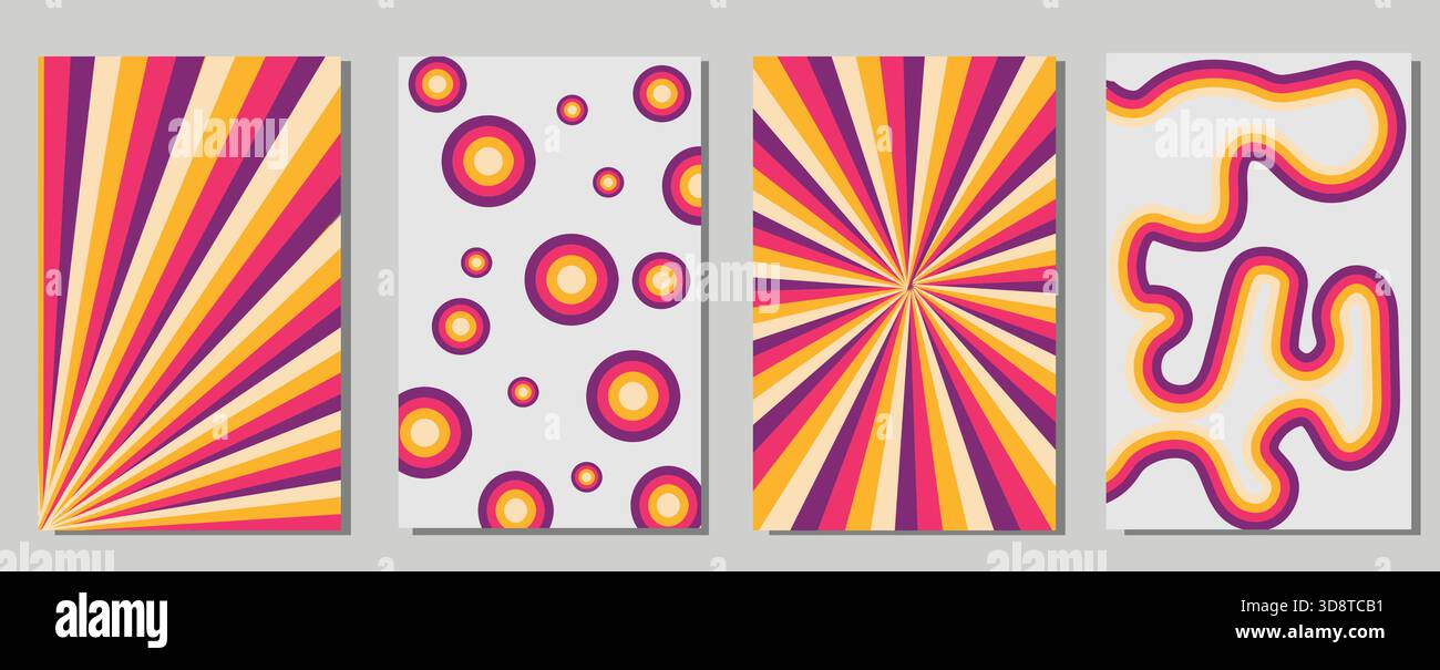 Abstraktes geometrisches Retro-Poster in leuchtendem Pink, Orange und Gelb – Vintage-Hintergrunddesigns mit Sonnenschliff, Kreismuster und Wellenlinien für die Wand Stock Vektor