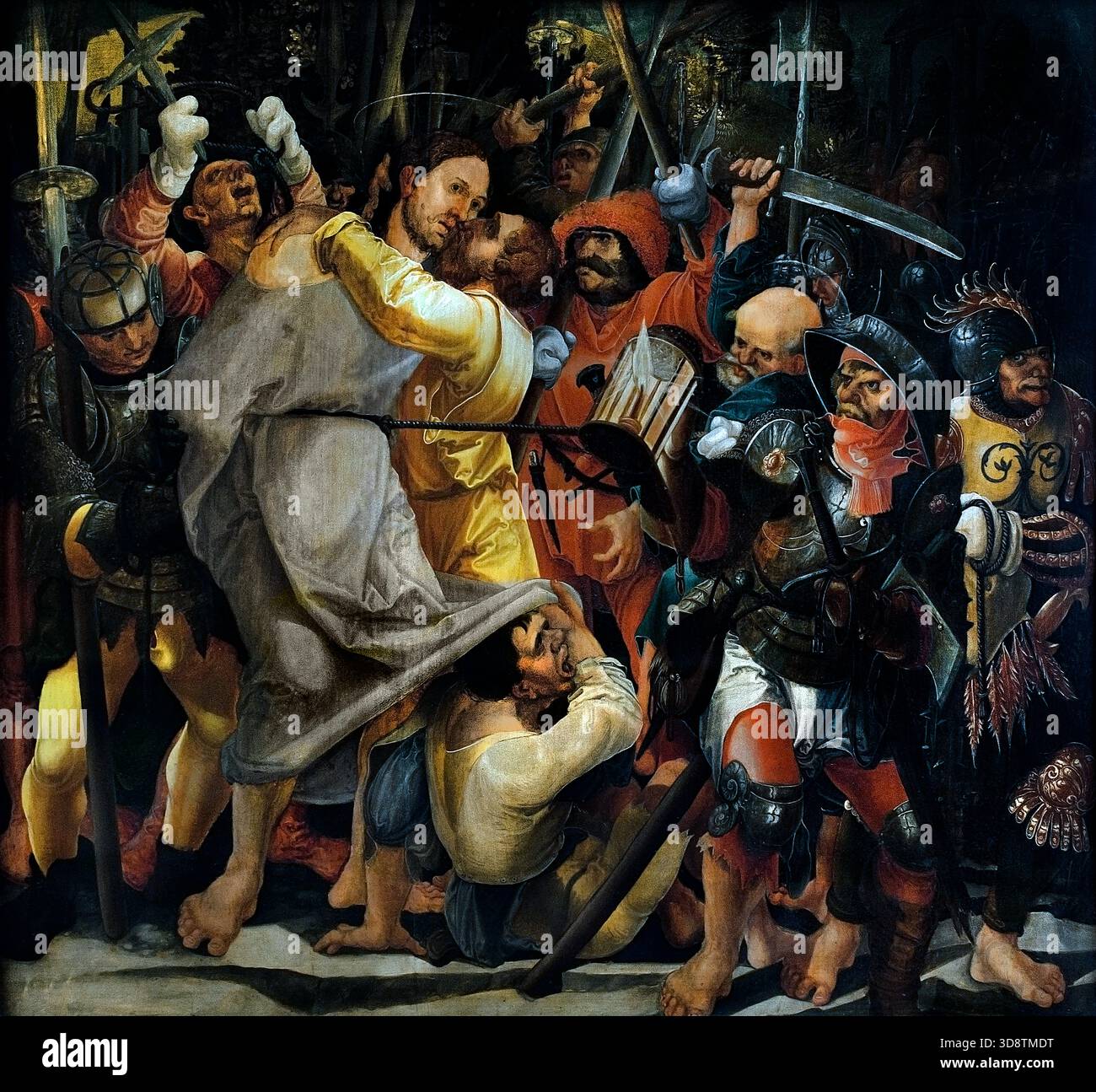 Gefangennahme Christi - Verhaftung Jesu durch Wolf Huber 1485-1553 Deutsche Pinakothek, München, Deutschland ( die Verhaftung Jesu (Matthäus 26:47-56) - der Tod Jesu ...die Verhaftung Jesu bedeutet den Beginn seiner Passion, ein entscheidender Moment im Christentum, in dem göttliche Absicht, Verrat (Judas-Kuss) und Opfer zusammenfließen, was zu seiner Kreuzigung und Auferstehung führt, die Prophezeiung und den Heilsplan Gottes zu demonstrieren. Stockfoto