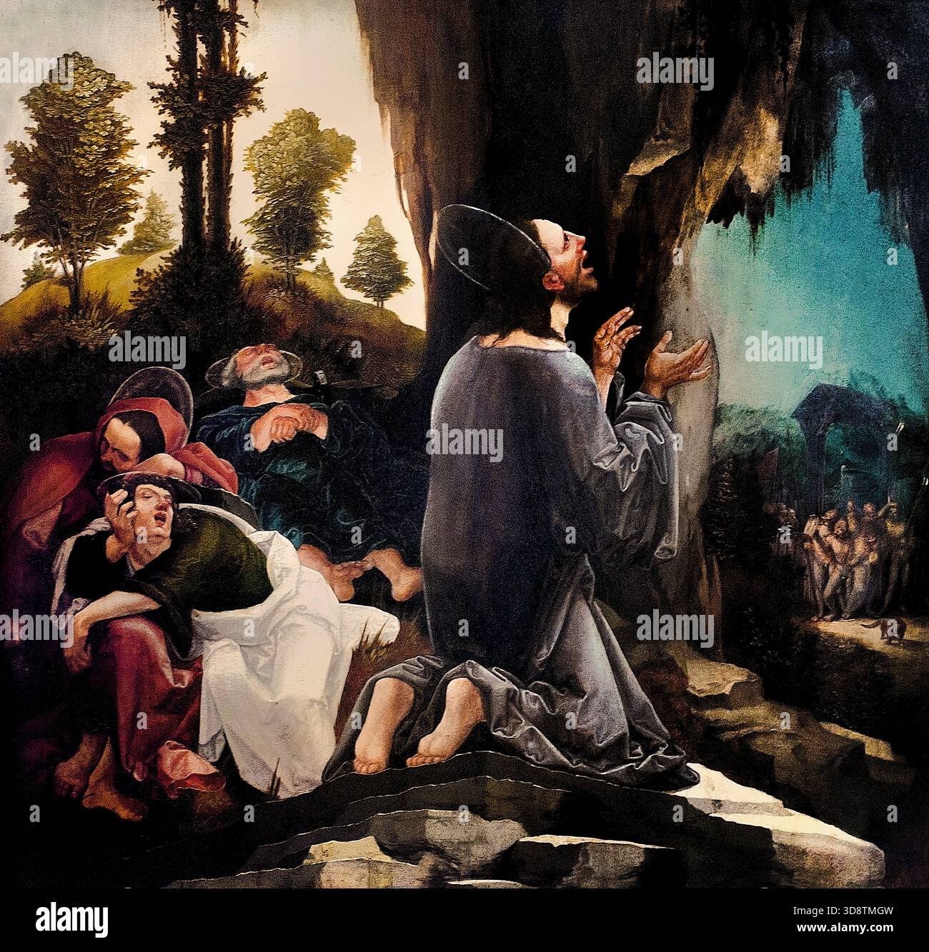 Christus am Ölberg - Christus auf dem Ölberg von Wolf Huber 1485-1553 Deutschland Alte Pinakothek, München, Deutschland (die Oliven vom Ölberg waren jedoch noch spezieller als die anderswo. Ihr Öl wurde ausschließlich zur Salbung von Königen und Hohenpriestern verwendet. Das sind die Gründe, warum Jesus diesen Ort gewählt hat: Der Ort hatte eine lange Geschichte von Heiligkeit und Schönheit. Stockfoto