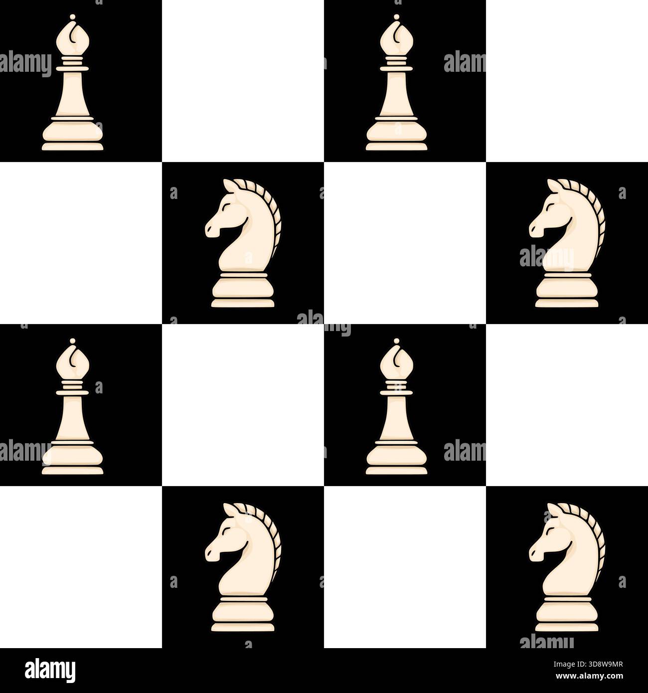 Nahtloses Vektormuster mit weißen Schachbischöfen und Rittern auf einem schwarz-weiß karierten Hintergrund. Stock Vektor