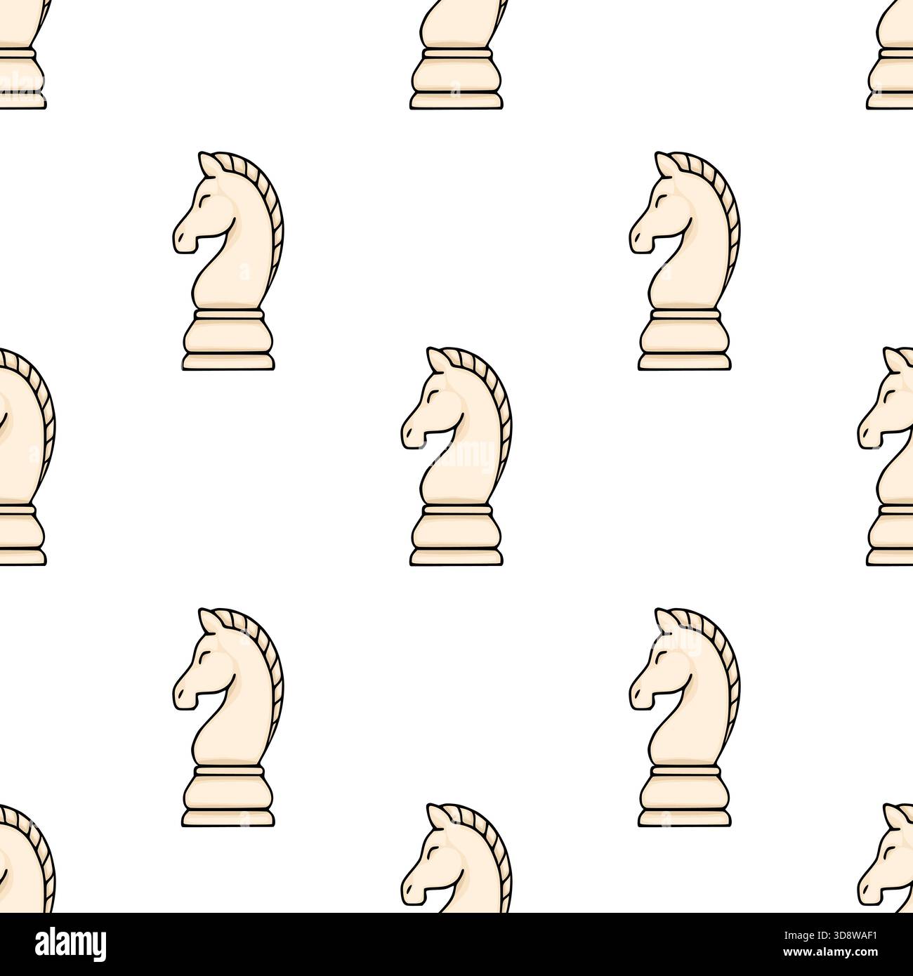 Ein nahtloses Vektormuster mit stilisierten cremefarbenen Schachritterstücken mit schwarzen Umrissen und dezenten Schattierungen, die auf einem sauberen weißen Hintergrund stehen Stock Vektor