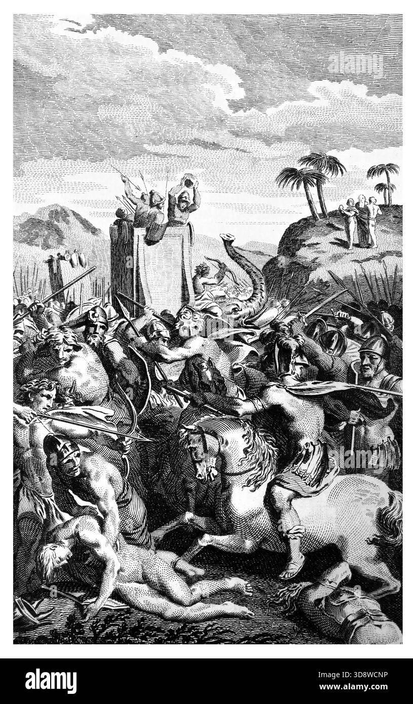 Darstellung der kombinierten Streitkräfte der Amalekiter, die von Josua mit Moses, Aaron und Hur auf dem Hügel (Exodus) besiegt wurden Stockfoto