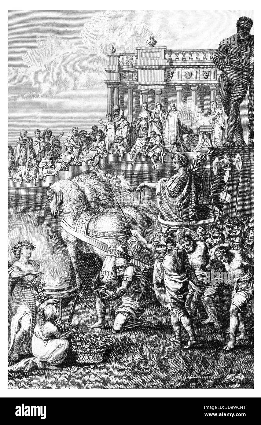 Illustration des prächtigen Triumphes des Titus nach der Belagerung Jerusalems fuhr Titus auf einem Wagen in einem gekrönten La in die Stadt Rom Stockfoto