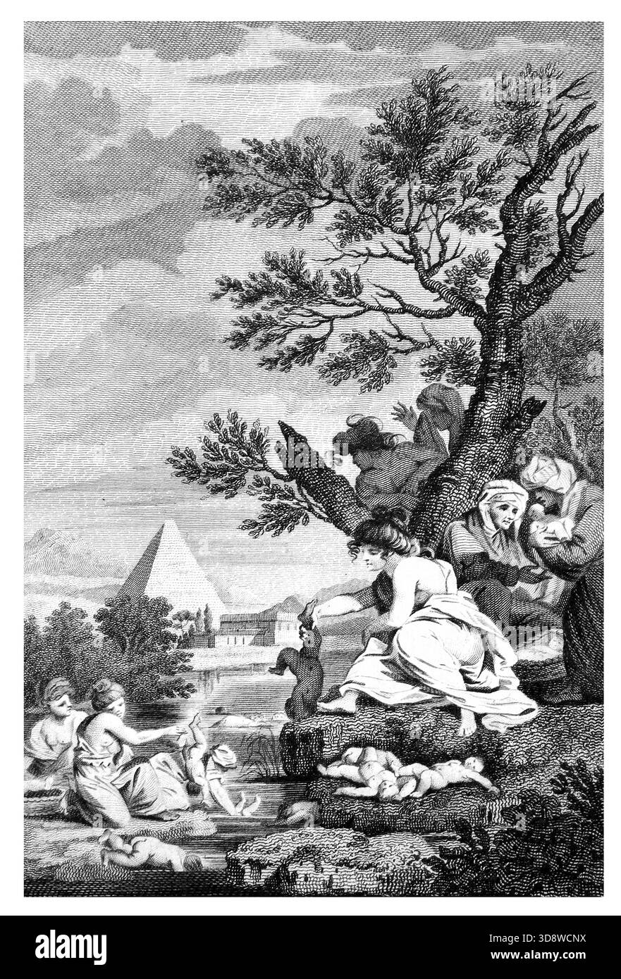 Illustration der ägyptischen Hebammen, die die männlichen Babys der Hebräer ertränken (Exodus) aus dem antiken 18. Jahrhundert die echten und vollständigen Werke von FLA Stockfoto