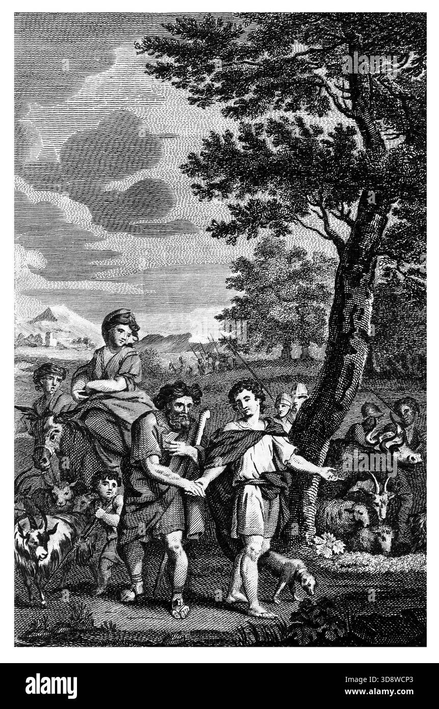 Illustration der Trennung von Los und Abraham nach der Trennung ihrer Herden (Genesis) vom antiken 18. Jahrhundert die echten und vollständigen Werke von FLA Stockfoto