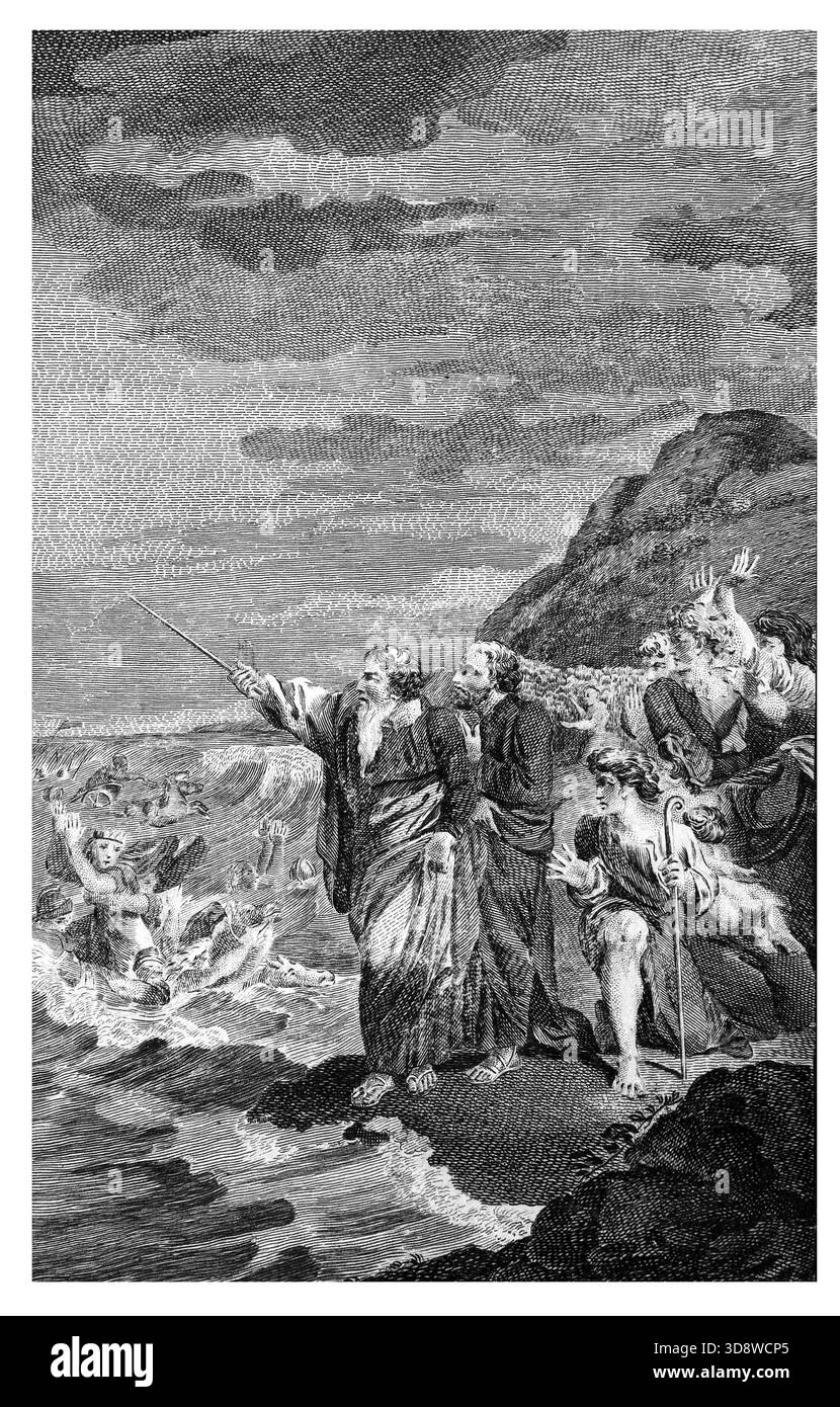 Mose streckte seine Hand über das rote Meer und das Meer kehrte nach dem Ertrinken der Israeliten wieder in seinen normalen Verlauf zurück Stockfoto