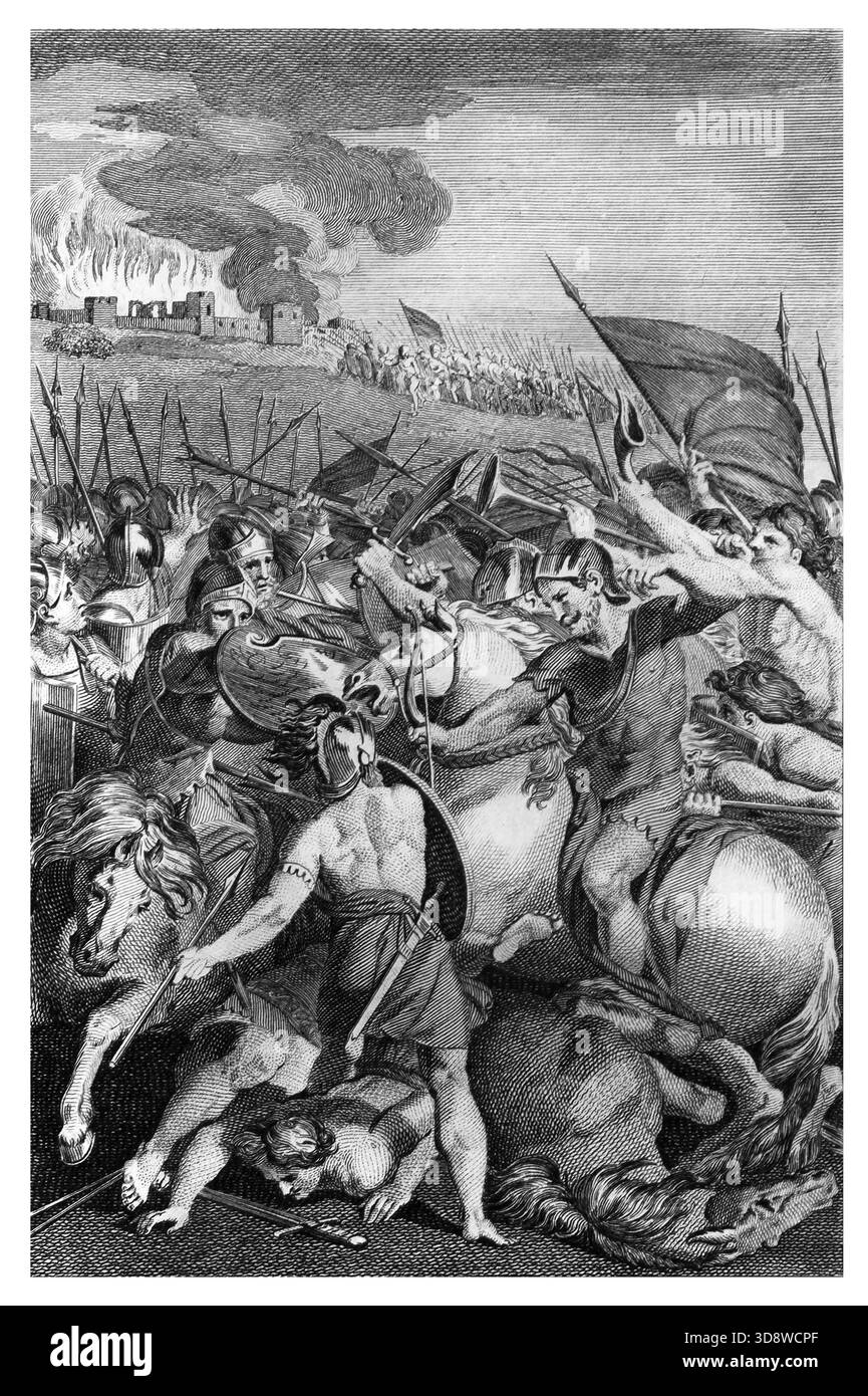 Illustration von Ain und der Zerstörung der Stadt durch die Armee von Josua aus dem antiken 18. Jahrhundert die echten und vollständigen Werke von Flavius Josephus Stockfoto