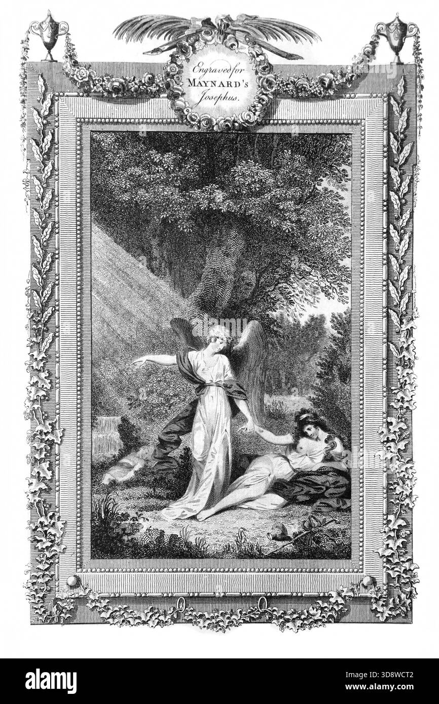 Die Illustration von Hagar in der Wildnis, nachdem sie ihren sterbenden Sohn Ismael unter einen Baum gelegt hatte, wurde von einem Engel besucht, der sie zum Wasser (Genesis) führte Stockfoto