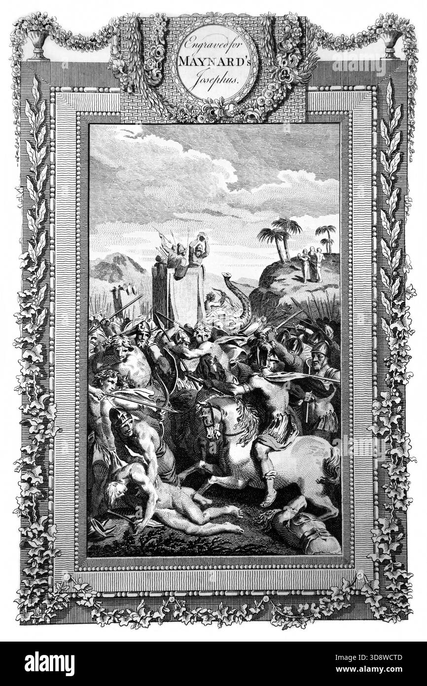 Darstellung der kombinierten Streitkräfte der Amalekiter, die von Josua mit Moses, Aaron und Hur auf dem Hügel (Exodus) besiegt wurden Stockfoto