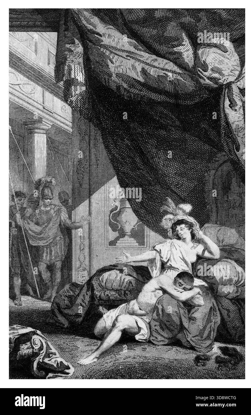 Illustration von Samson, der von Delilah in die Hände der Philister verraten wurde, nachdem sie ihm die Haare (Richter) aus dem antiken 18. Jahrhundert geschnitten hatte Stockfoto