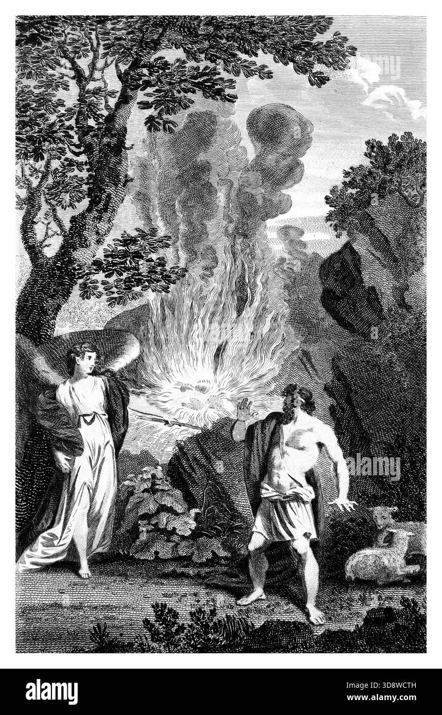 Illustration der ungesäuerten Kuchen - Gideon bereitete Gott einmal ein Opfer von Ziegenfleisch ungesäuertes Brot und Ephah von Mehl vor. Er legte es auf einen Ro Stockfoto