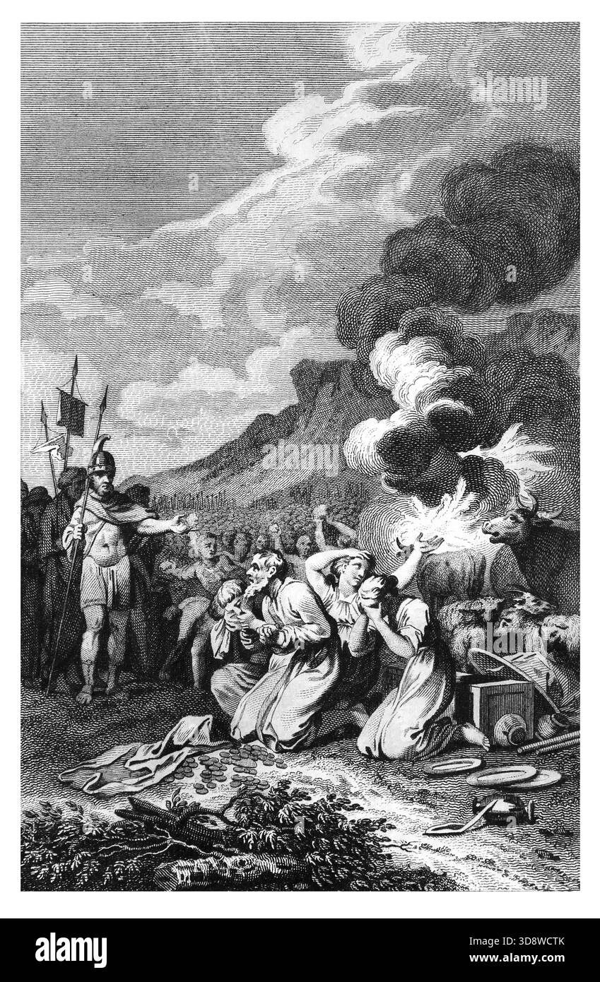 Illustration von Achan, der seinen aufsässigen Diebstahl gesteht und seine Plünderung in Gegenwart der Menge ausliefert, bevor er und seine Familie s waren Stockfoto