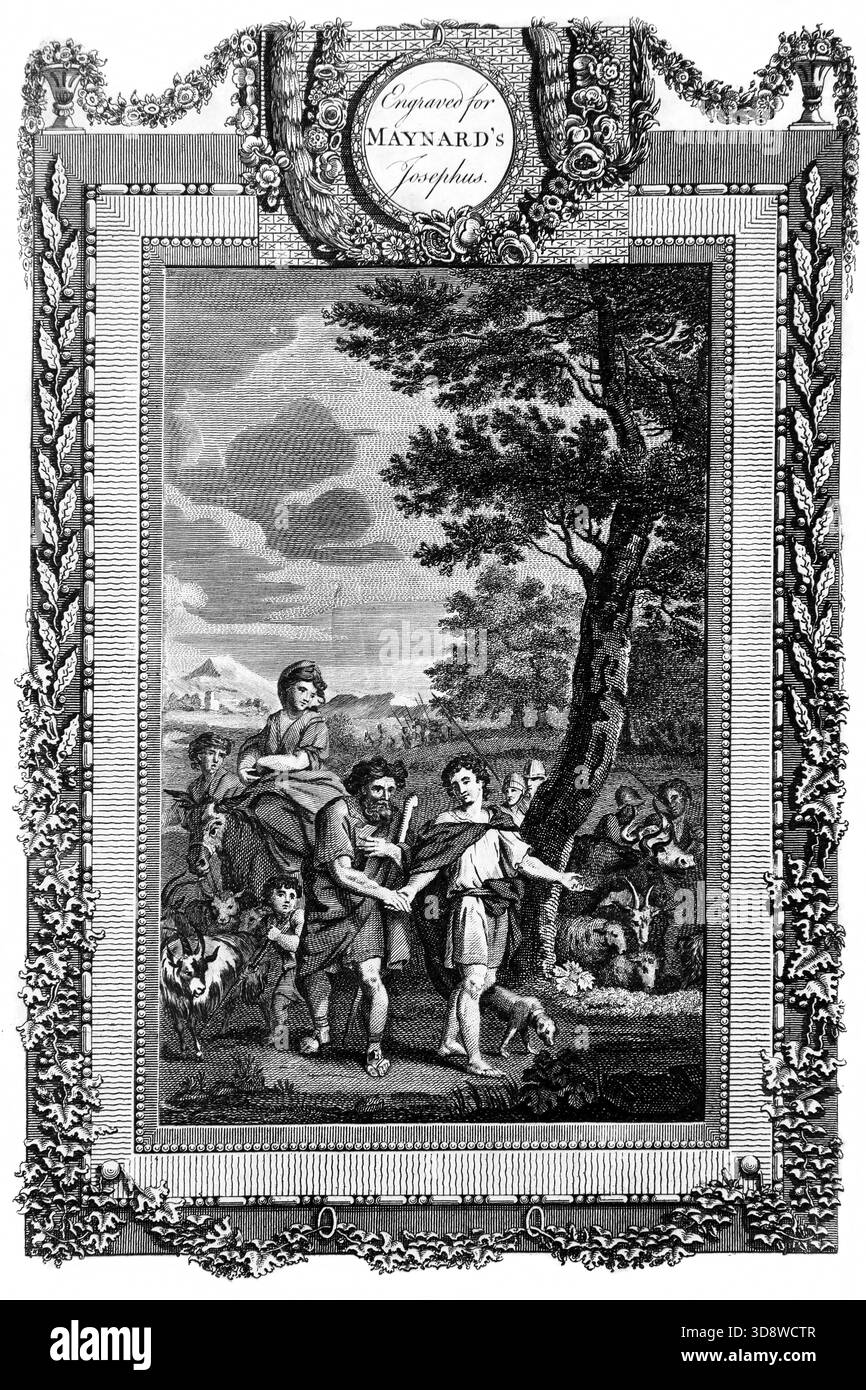 Illustration der Trennung von Los und Abraham nach der Trennung ihrer Herden (Genesis) vom antiken 18. Jahrhundert die echten und vollständigen Werke von FLA Stockfoto