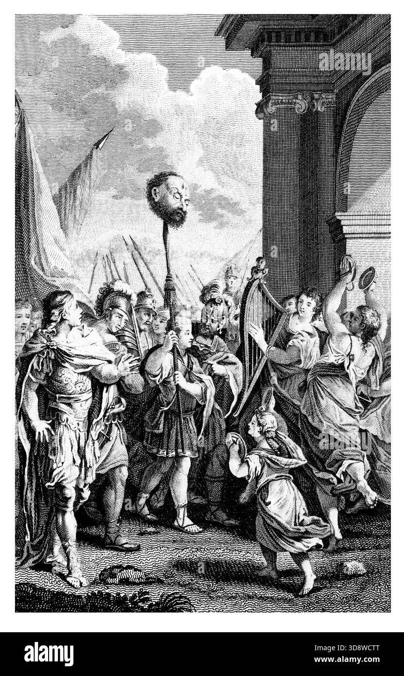 Illustration des Triumphes Davids, nachdem er den Großen Goliath getötet hatte, den Großen Meister der philistinischen Armee aus dem antiken 18. Jahrhundert, den Genu Stockfoto