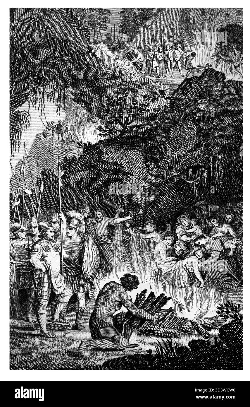 Illustration der flüchtigen Shechemiten, die in den Laderäumen ihres Retreats am Berg Zalmon auf Befehl von König Abimelech (Richter) verbrannt und erstickt wurden Stockfoto