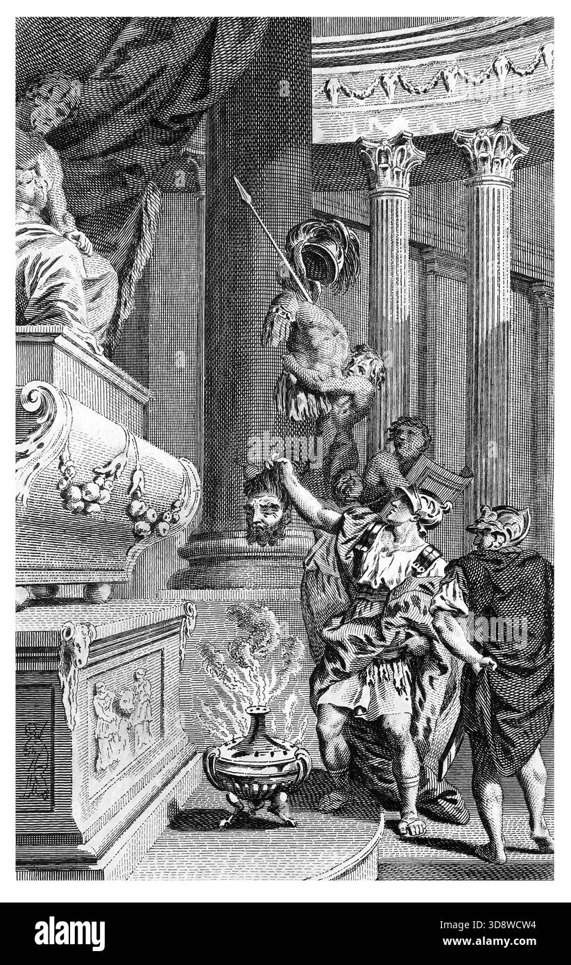 Illustration der Philister, die die Rüstung Sauls im Tempel von Aschtaroth deponieren und König Sauls Kopf vor ihrer Göttin halten, die Vict zeigt Stockfoto