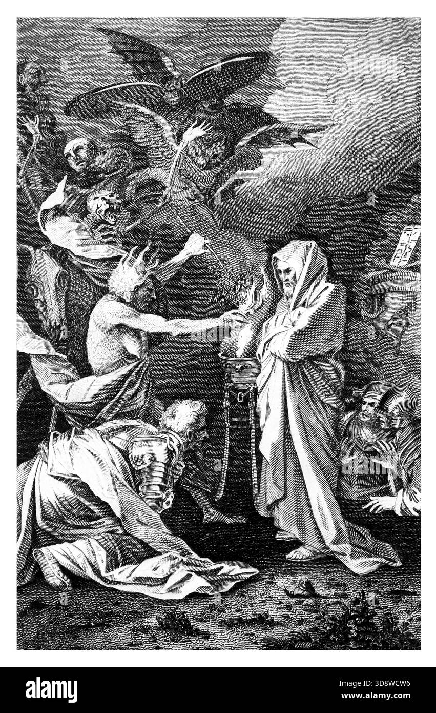 Illustration von Saul und der Hexe von Endor (Samuel) - Saul besuchte eine Zauberin, nachdem er sich Sorgen über den Ausgang der bevorstehenden Schlacht zwischen mir gemacht hatte Stockfoto