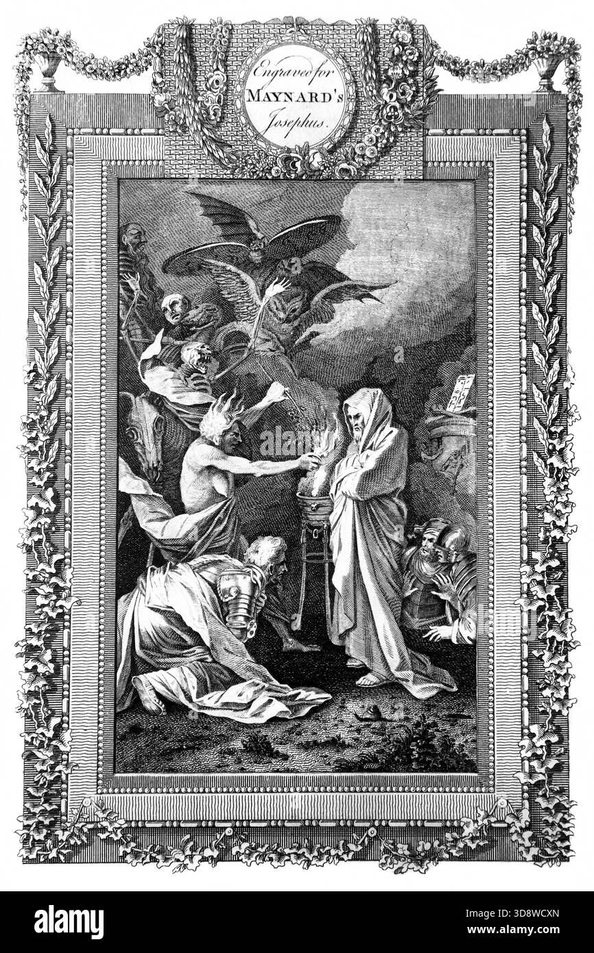 Illustration von Saul und der Hexe von Endor (Samuel) - Saul besuchte eine Zauberin, nachdem er sich Sorgen über den Ausgang der bevorstehenden Schlacht zwischen mir gemacht hatte Stockfoto