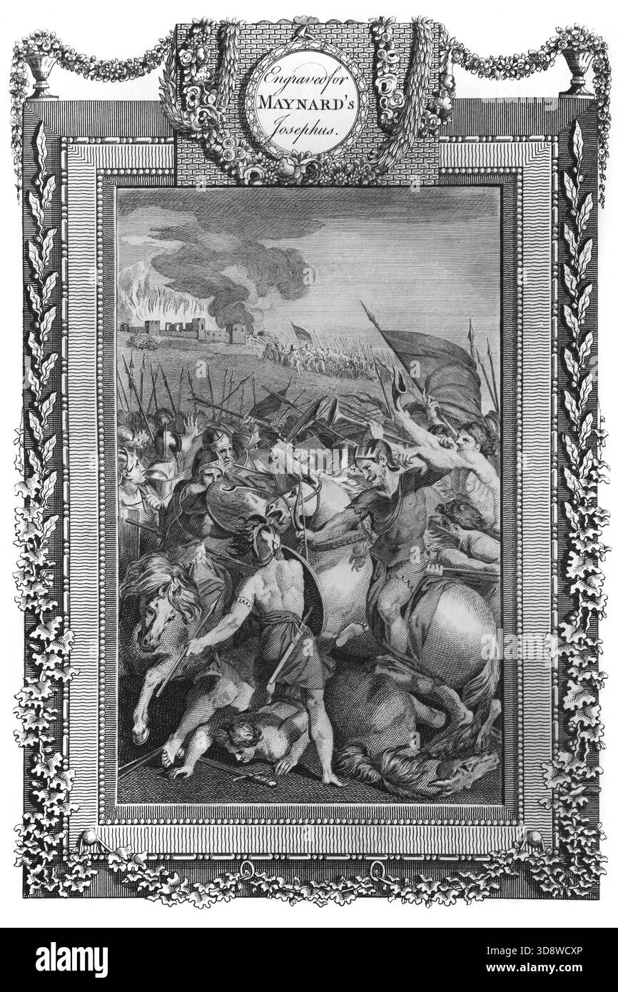 Illustration von Ain und der Zerstörung der Stadt durch die Armee von Josua aus dem antiken 18. Jahrhundert die echten und vollständigen Werke von Flavius Josephus Stockfoto