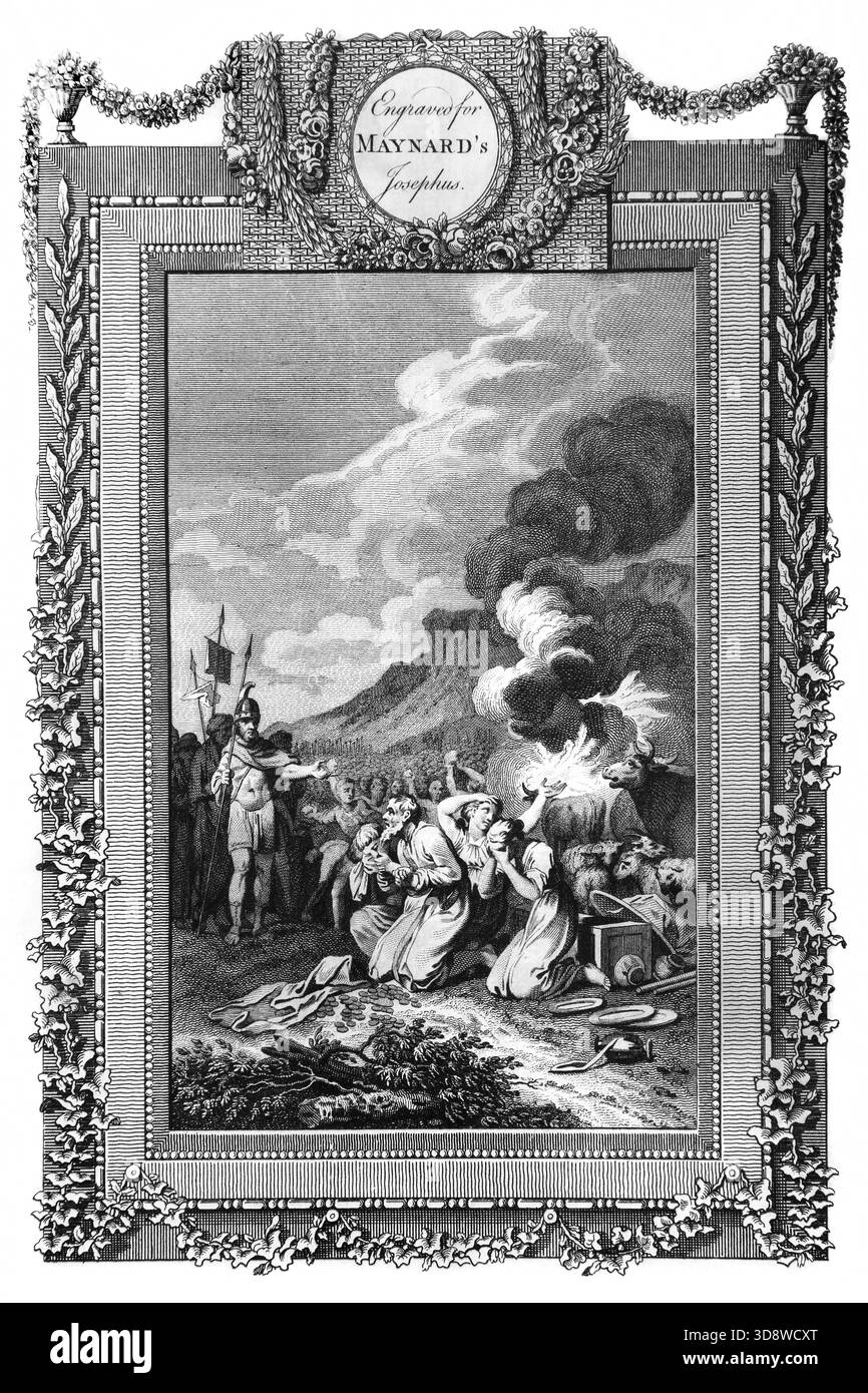 Illustration von Achan, der seinen aufsässigen Diebstahl gesteht und seine Plünderung in Gegenwart der Menge ausliefert, bevor er und seine Familie s waren Stockfoto