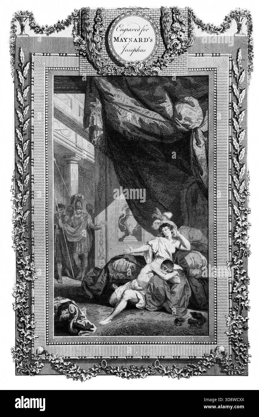 Illustration von Samson, der von Delilah in die Hände der Philister verraten wurde, nachdem sie ihm die Haare (Richter) aus dem antiken 18. Jahrhundert geschnitten hatte Stockfoto